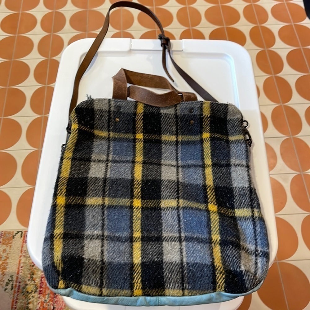 Anthropologie Holding Horses Blue Leather Plaid Crossbody